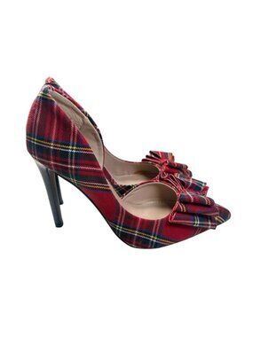 Betsey Johnson Plaid Bow Pumps Womens Red Tartan D'Orsay Stiletto Heels Sz 7 M